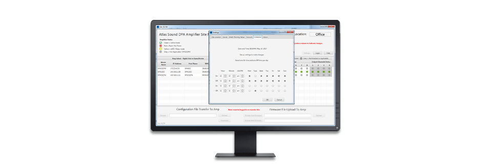 screen with AtlasIED Site Manager software showing all DPA amplifiers on the network